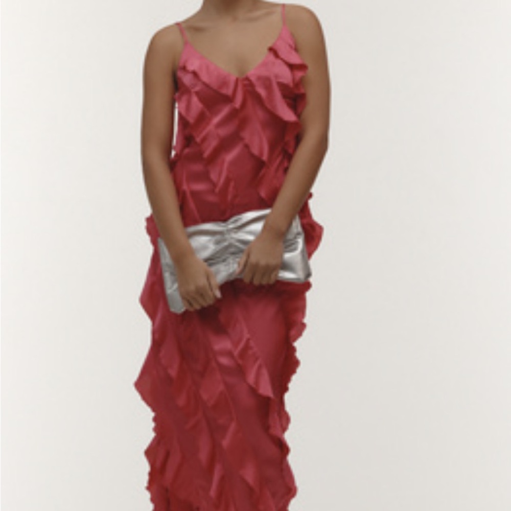 Anthropologie Vibrant Pink Ruffled midi strappy Dress